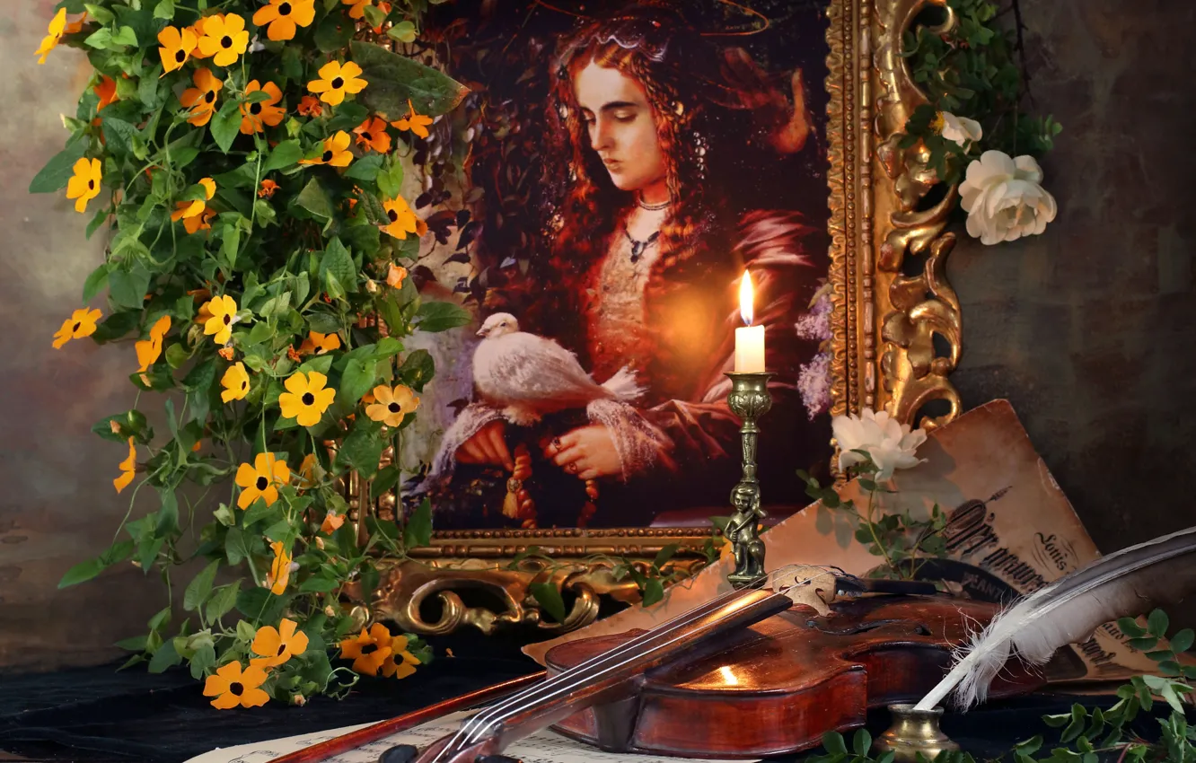 Photo wallpaper flowers, notes, pen, violin, candle, picture, Andrey Morozov