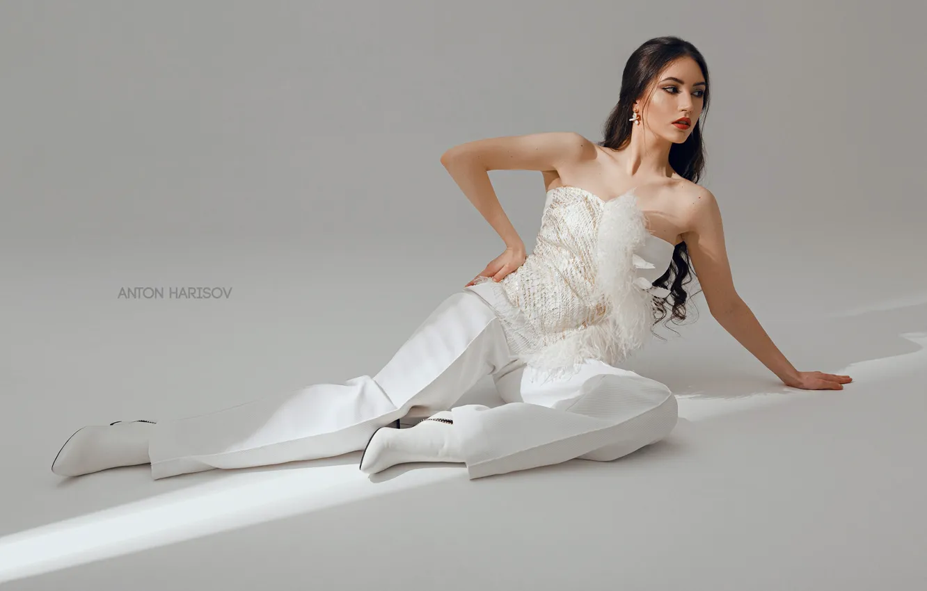Photo wallpaper girl, pose, brunette, light background, long hair, on the floor, pants, Anton Kharisov