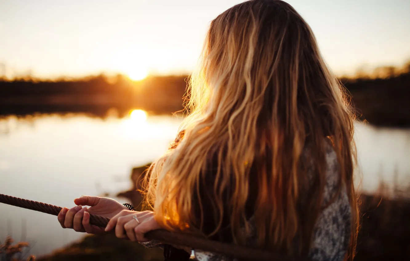 Photo wallpaper girl, sunset, curls