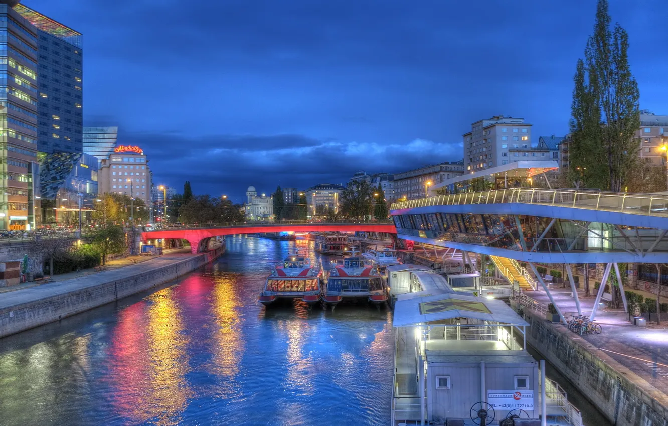 Photo wallpaper night, the city, photo, Germany, boats, Berlin, water channel