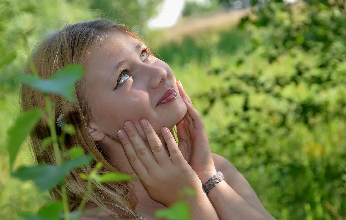 Photo wallpaper greens, forest, trees, branches, nature, face, hands, girl