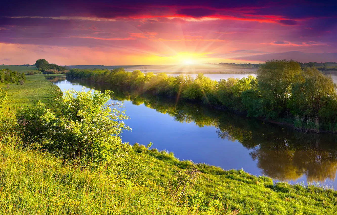 Photo wallpaper the sky, grass, the sun, trees, sunset, river, meadow, landscape