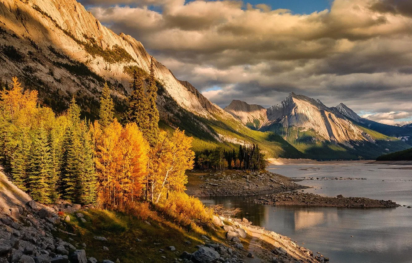 Photo wallpaper autumn, forest, the sky, clouds, snow, trees, mountains, clouds