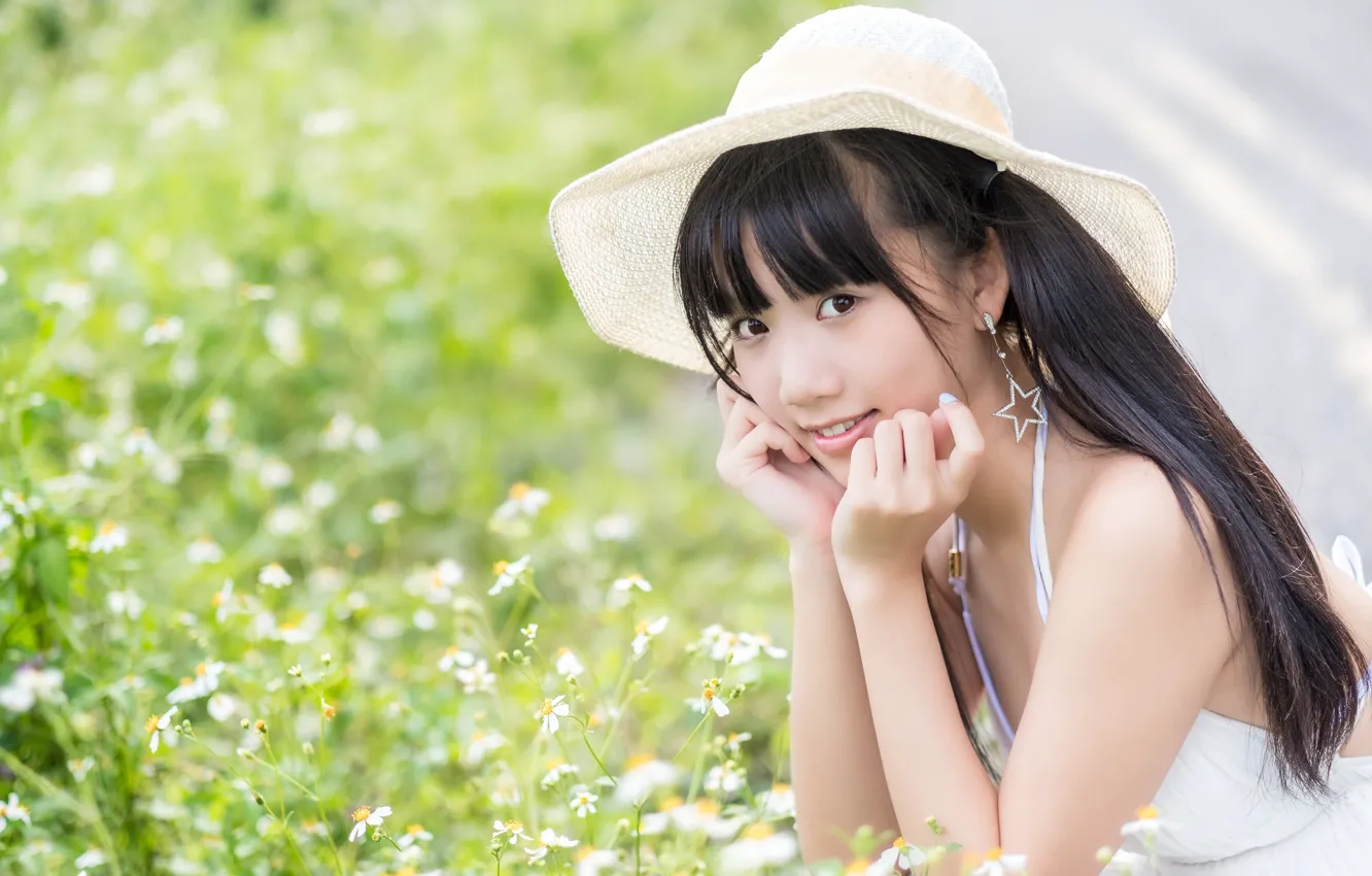 Photo wallpaper look, girl, flowers, hat, meadow, Asian, cutie, bokeh