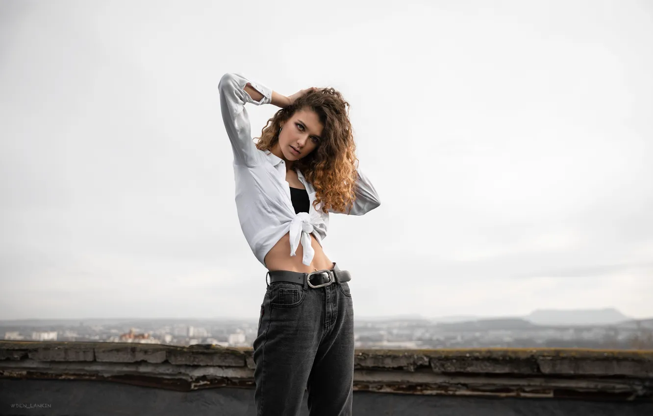 Photo wallpaper girl, pose, jeans, hands, blouse, curls, on the roof, Dasha