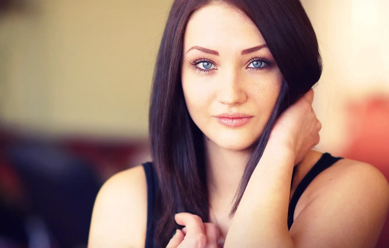 Photo wallpaper girl, face, hair, brunette, beautiful, blue eyes, blurred background
