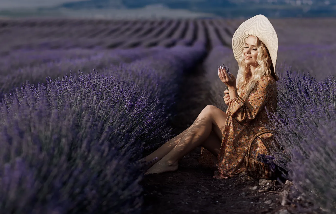 Photo wallpaper field, summer, girl, light, flowers, feet, hat, hands