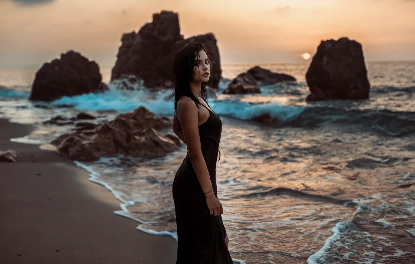Photo wallpaper sea, beach, girl, rocks, the evening, Alexandra, Nicholas David Furnari
