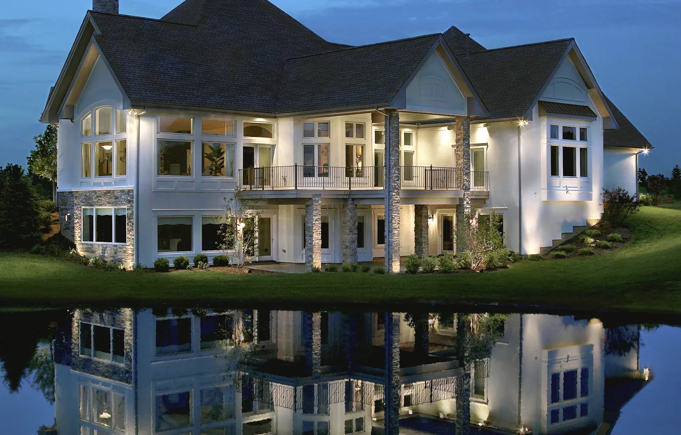 Photo wallpaper lake, Villa, home, the evening