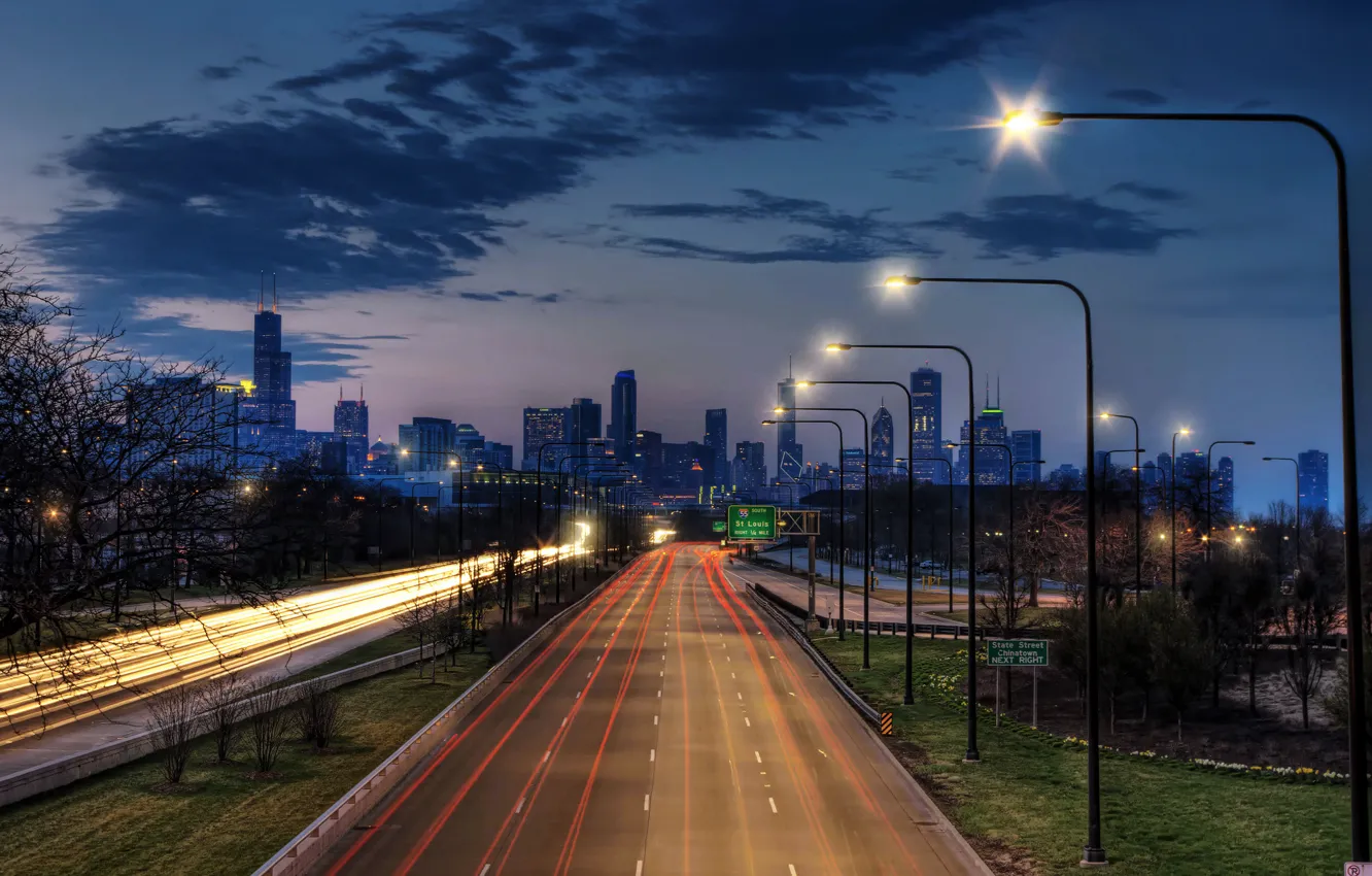 Photo wallpaper night, the city, lights, the evening, excerpt, Chicago, 31st Street