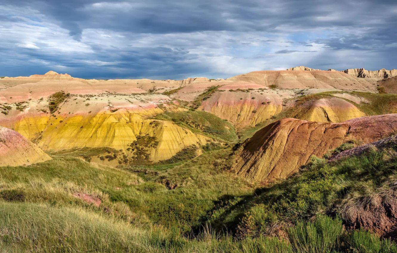 Photo wallpaper summer, the sky, grass, clouds, mountains, rocks, hills, vegetation
