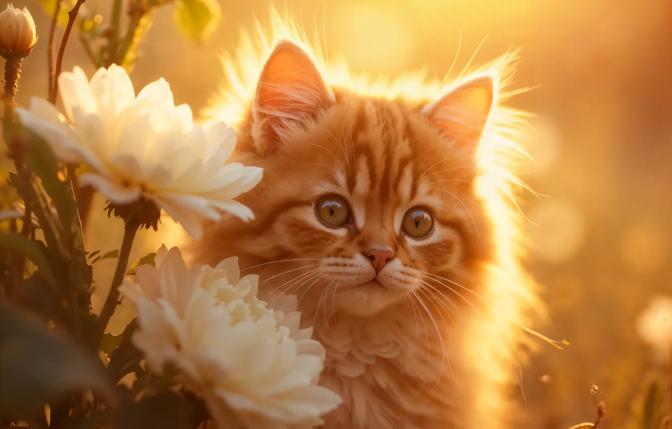 Photo wallpaper cat, summer, look, the sun, light, flowers, pose, portrait