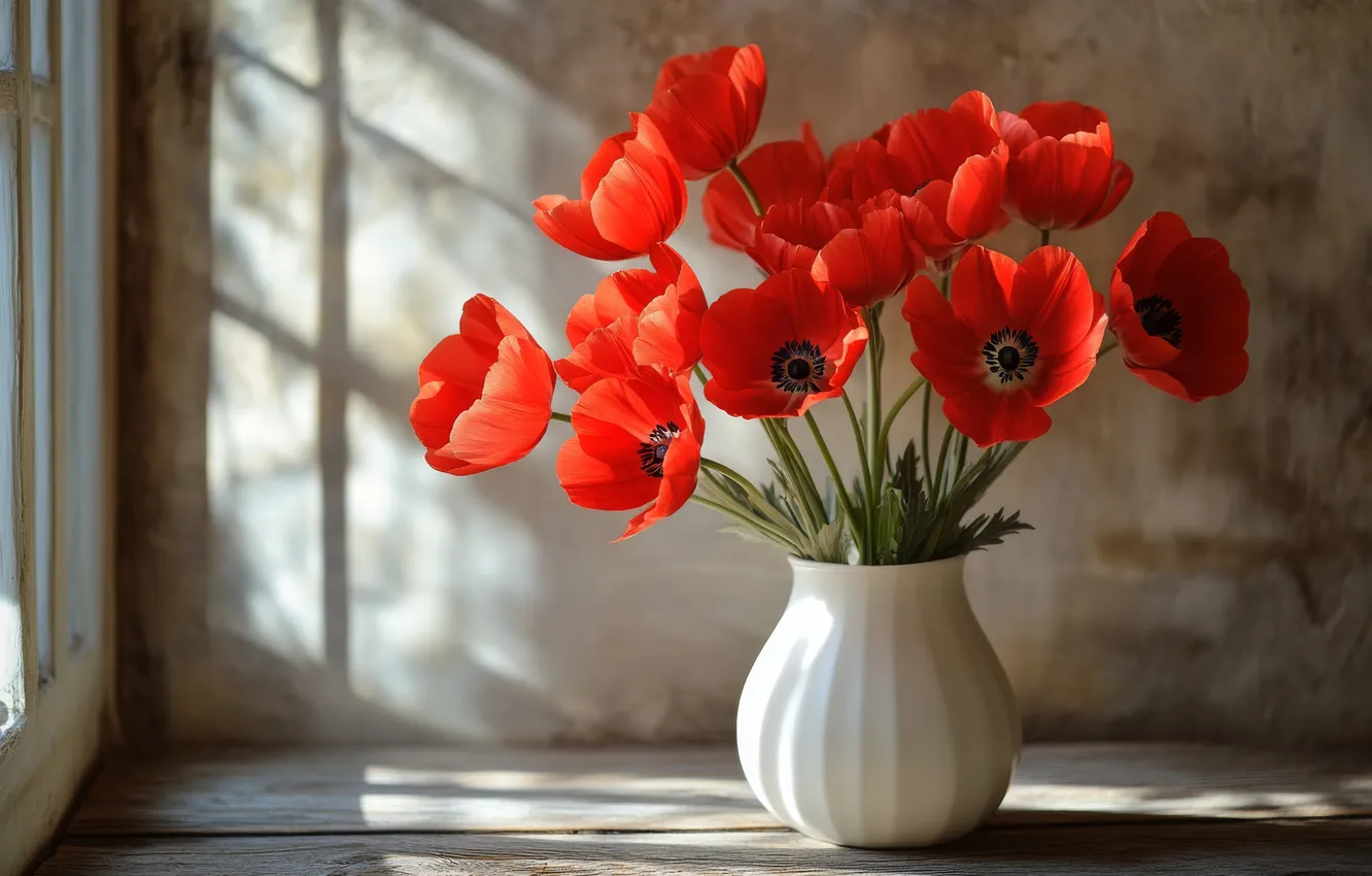 Photo wallpaper light, flowers, red, strip, shadow, bouquet, spring, window