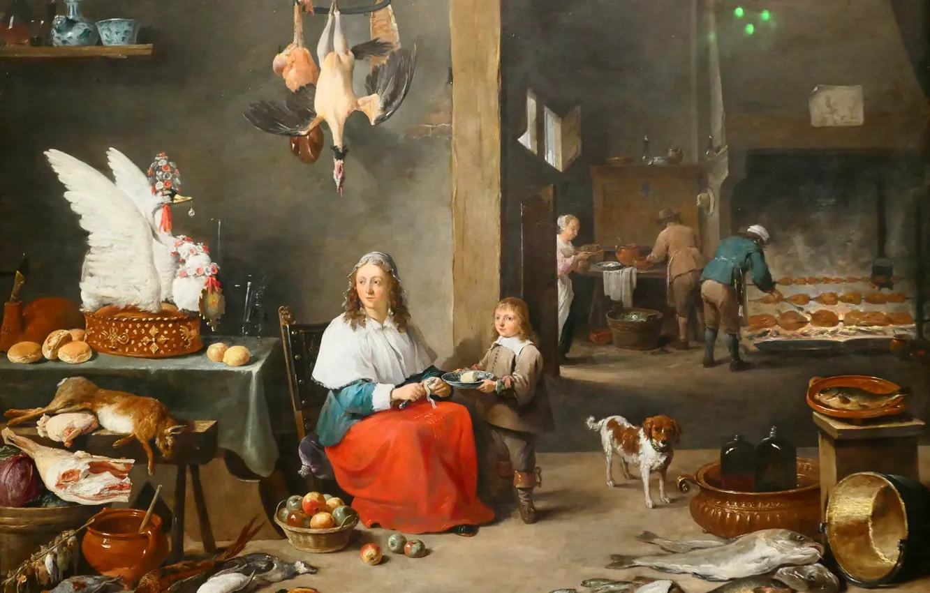 Photo wallpaper picture, artist, David Teniers, 1644, Kitchen interior