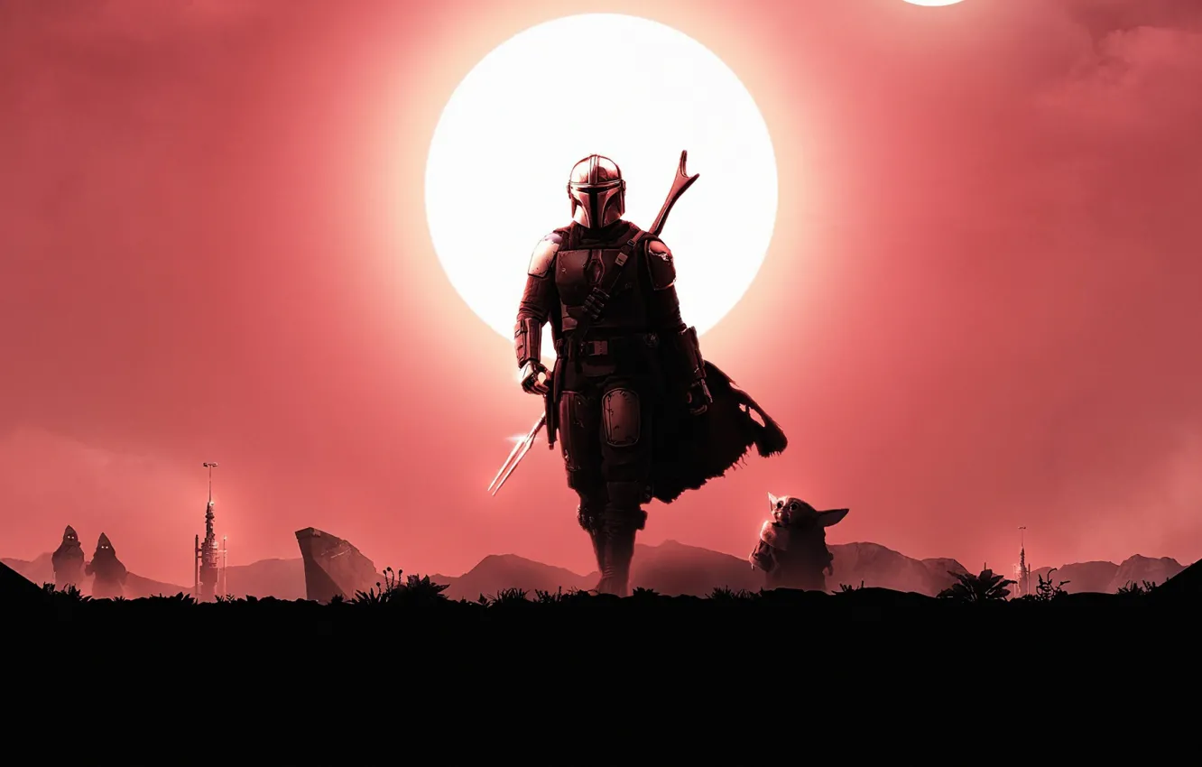 Photo wallpaper the sun, mountains, armor, warrior, traveler, mandalorian, fantasy art, Mandalore
