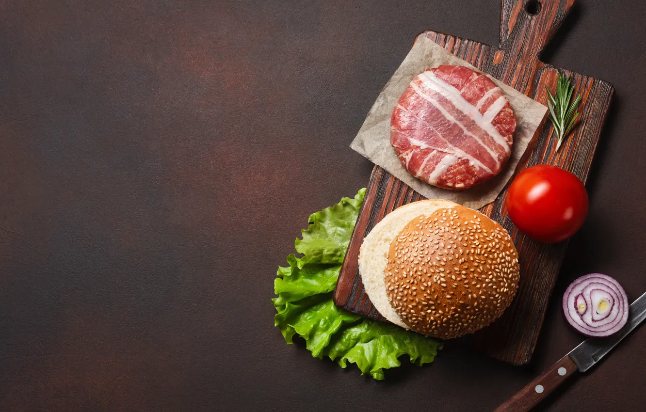 Photo wallpaper photo, food, meat, tomatoes, hamburger, Patty, bacon, cutting Board