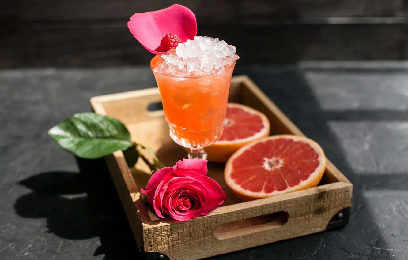 Photo wallpaper ice, glass, roses, juice, citrus, drink, grapefruit