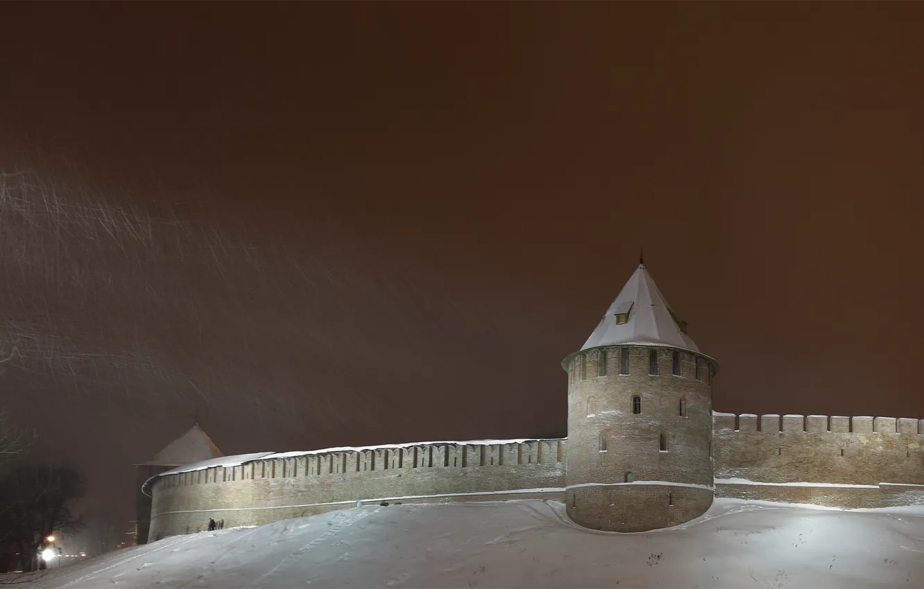 Photo wallpaper winter, snow, night, the city, wall, tower, the Kremlin, tower