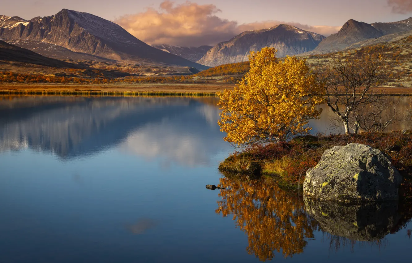 Photo wallpaper autumn, clouds, trees, landscape, mountains, nature, lake, reflection