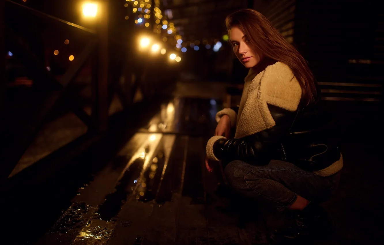 Photo wallpaper look, girl, lights, pose, jacket, night city, long hair, Sergey Bogatkov