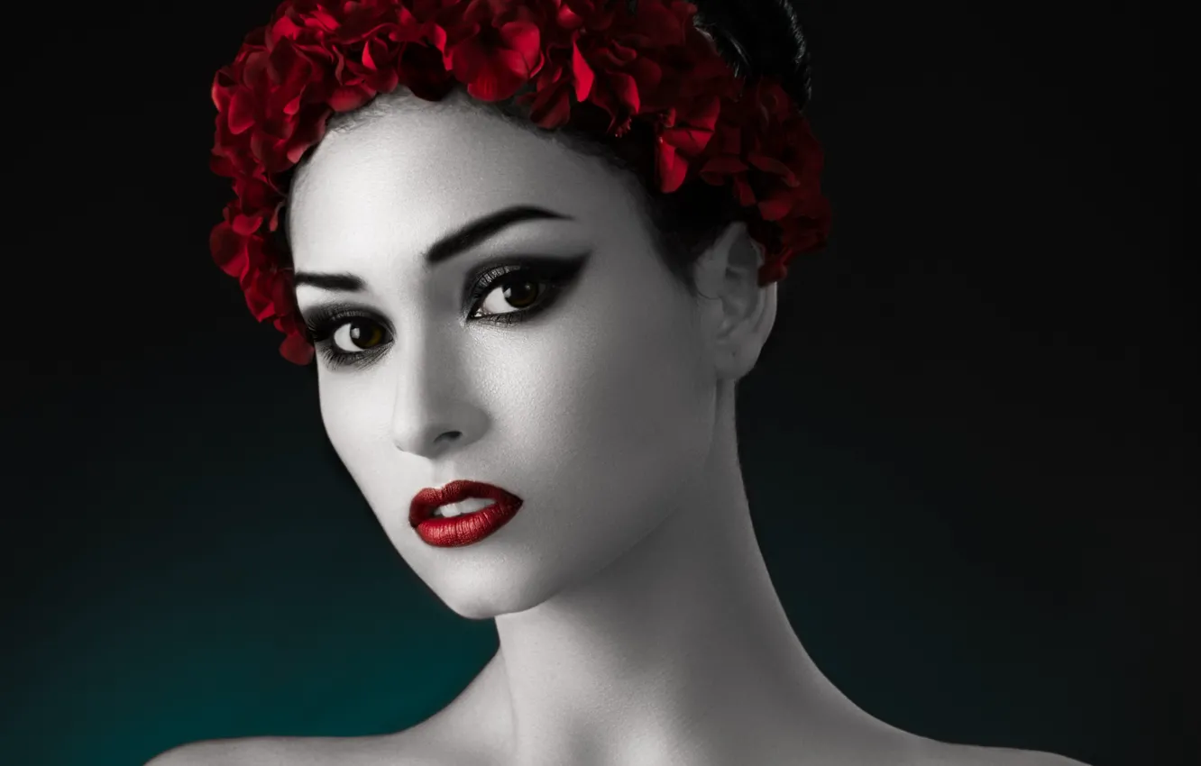 Photo wallpaper style, portrait, retouching, black-and-red-and-white photo