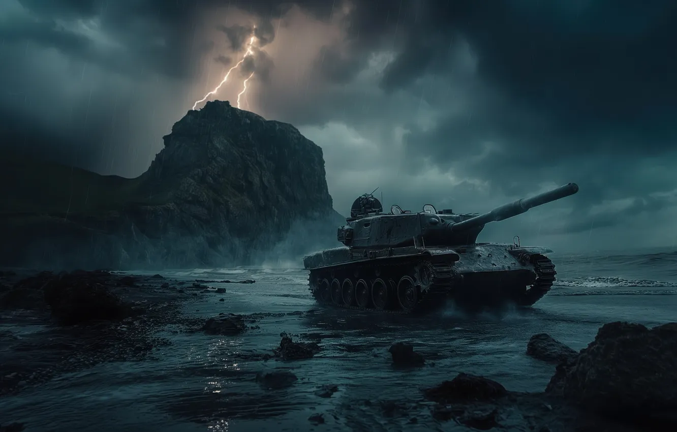 Photo wallpaper water, night, clouds, coast, lightning, tank, digital art, AI art