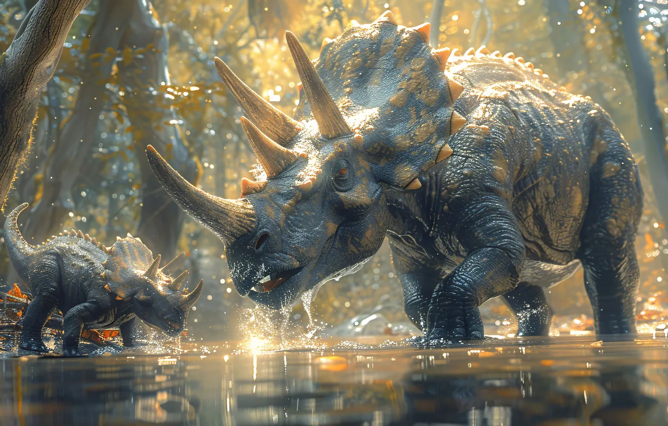 Photo wallpaper Water, Trees, Cub, Two, Horns, Animals, Triceratops, Digital art