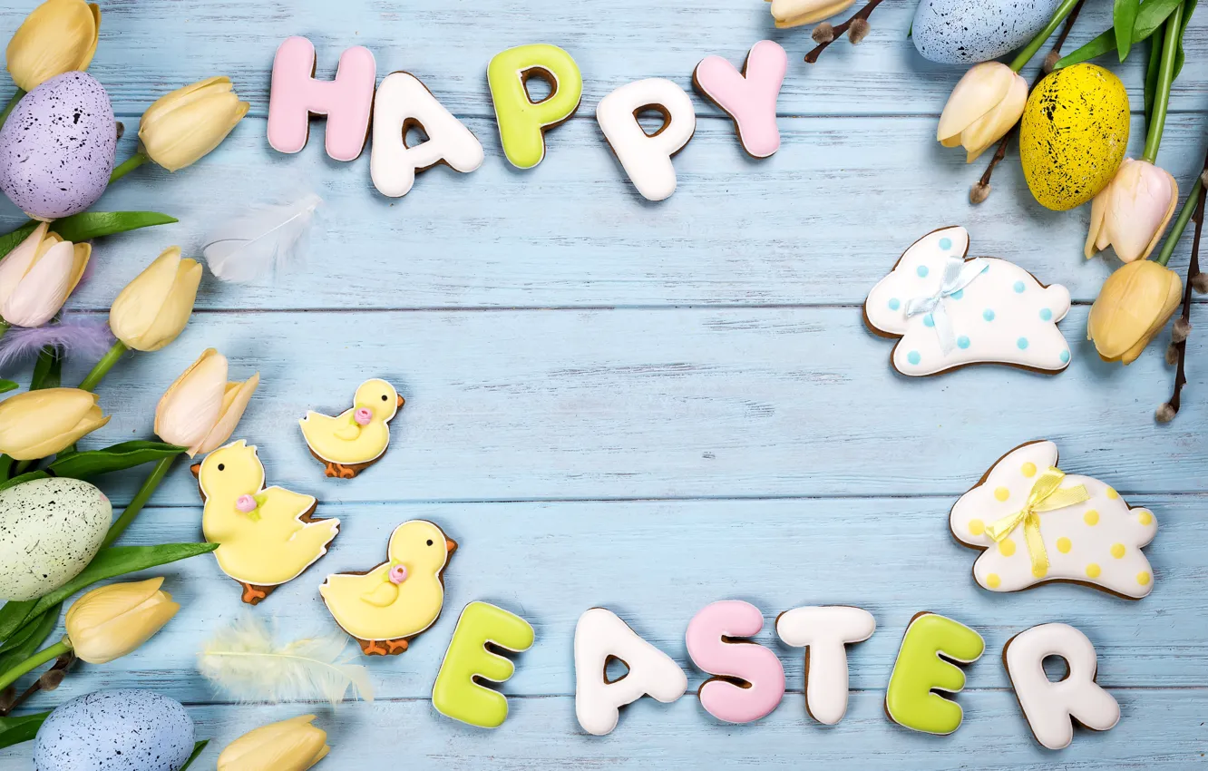 Photo wallpaper flowers, eggs, Easter, flowers, tulips, Easter, eggs, cookies