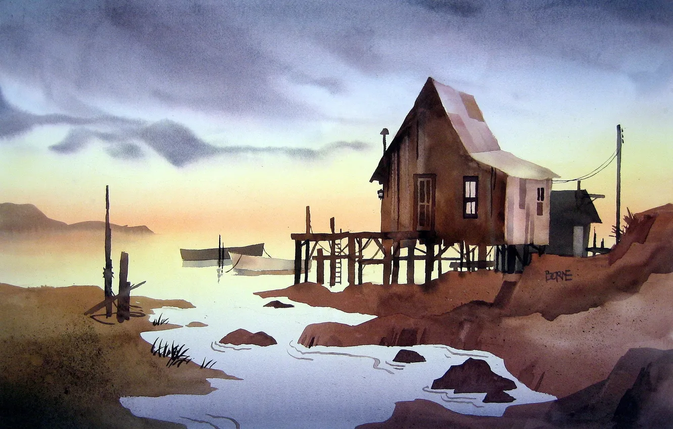 Photo wallpaper sea, house, watercolor