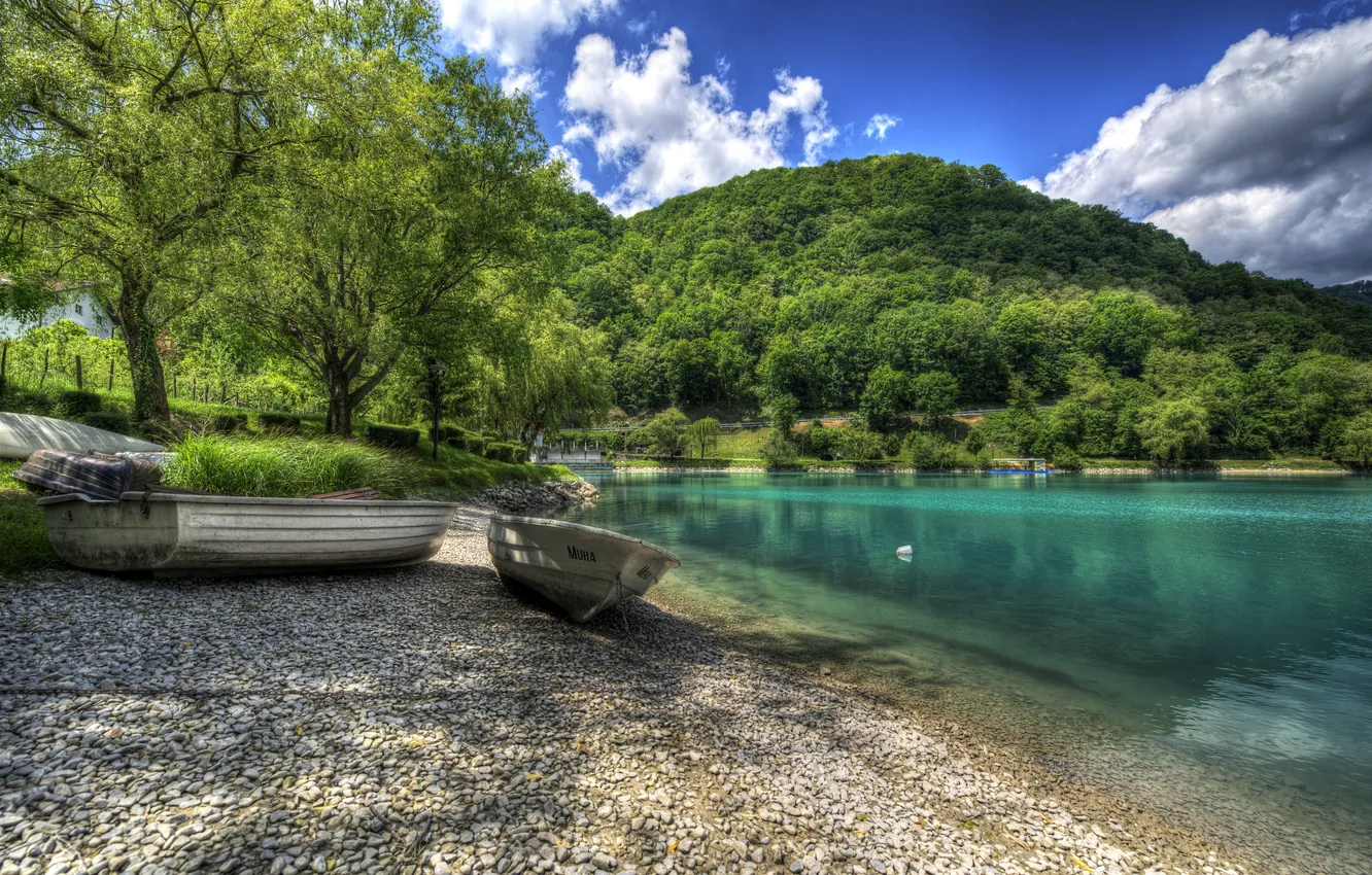 Photo wallpaper trees, lake, stones, shore, boat, Slovenia, Most na Soci
