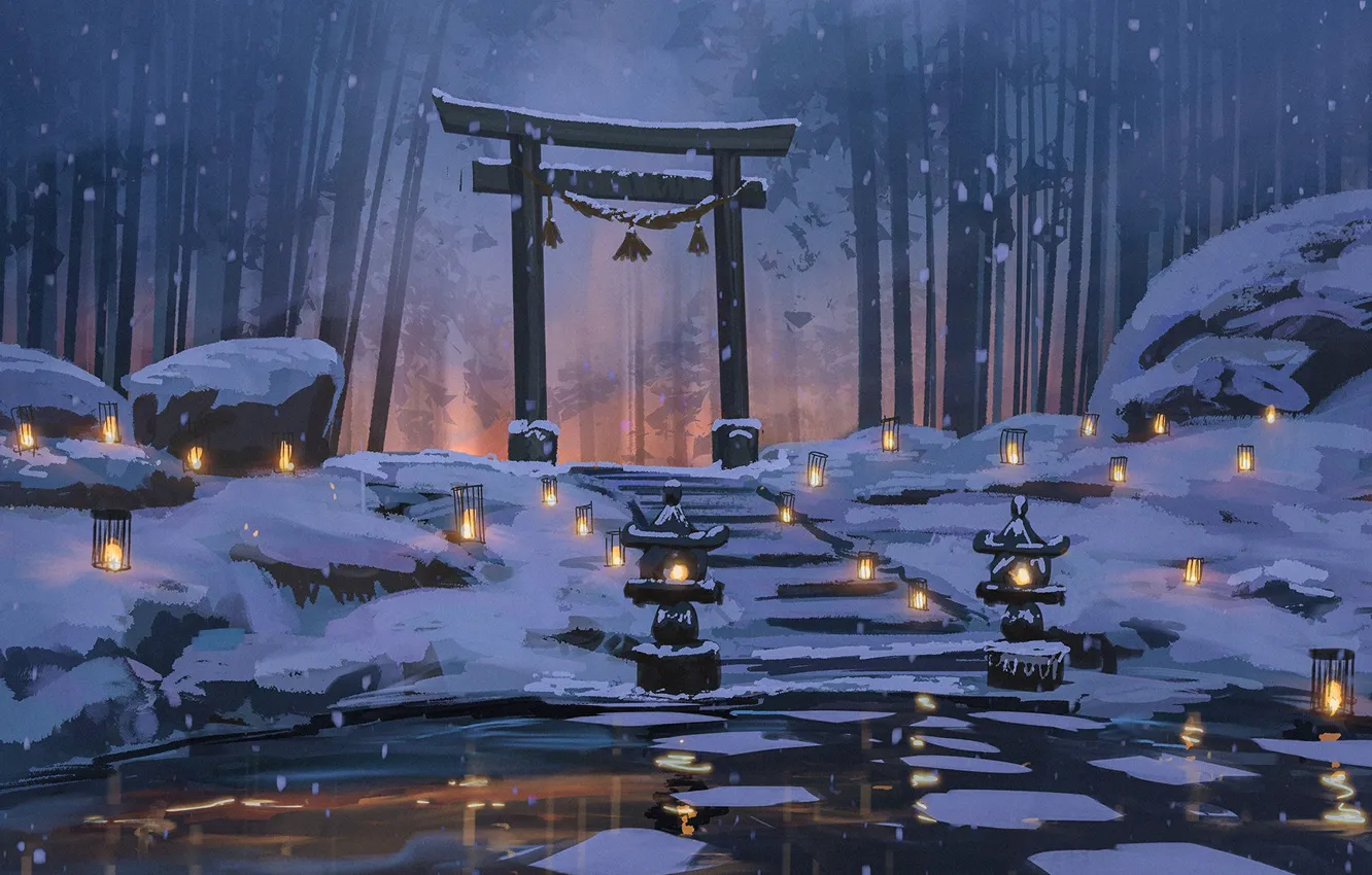 Photo wallpaper snow, pond, silence, Japan, lights, stage, Japan, winter forest