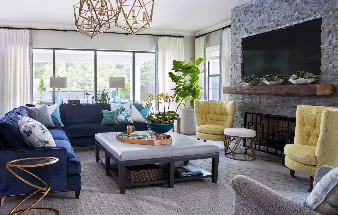 Photo wallpaper design, style, room, Villa, plant, lamp, interior, fireplace