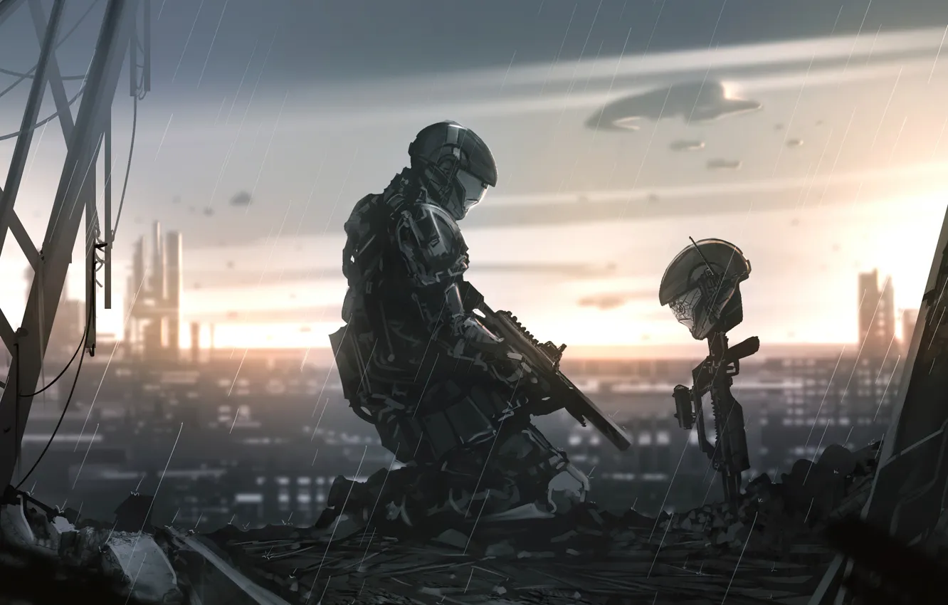 Photo wallpaper rain, soldiers, helmet, Halo 3, Halo 3: ODST