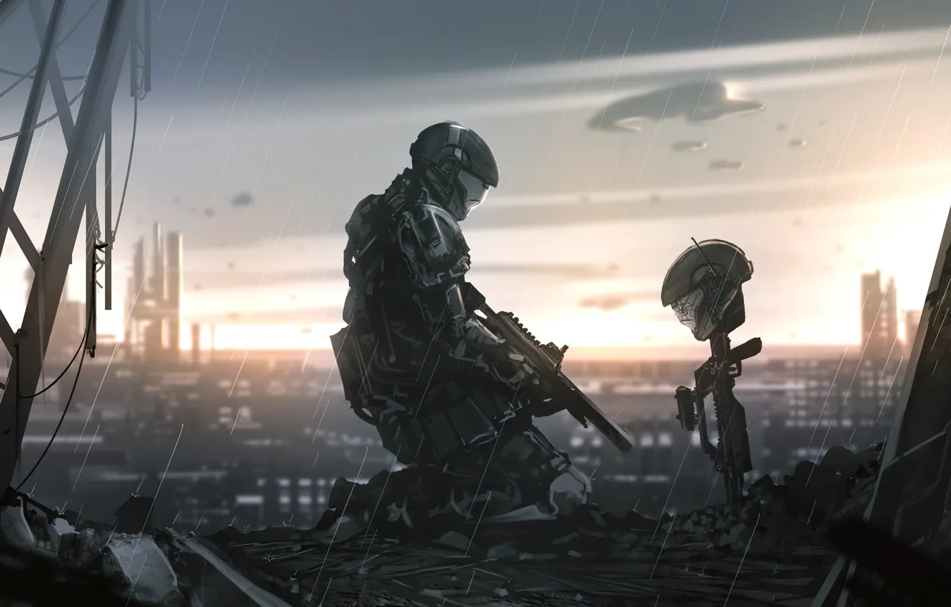 Photo wallpaper rain, soldiers, helmet, halo 3, Halo 3: ODST