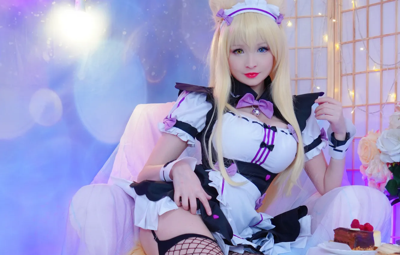 Photo wallpaper girl, sexy, cleavage, cake, thighhighs, long hair, dress, boobs