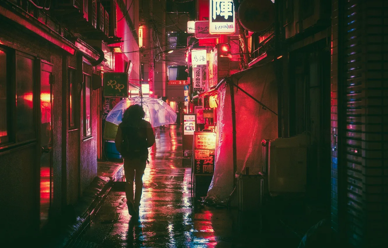 Photo wallpaper girl, the city, lights, rain, wire, Asia, neon, umbrella