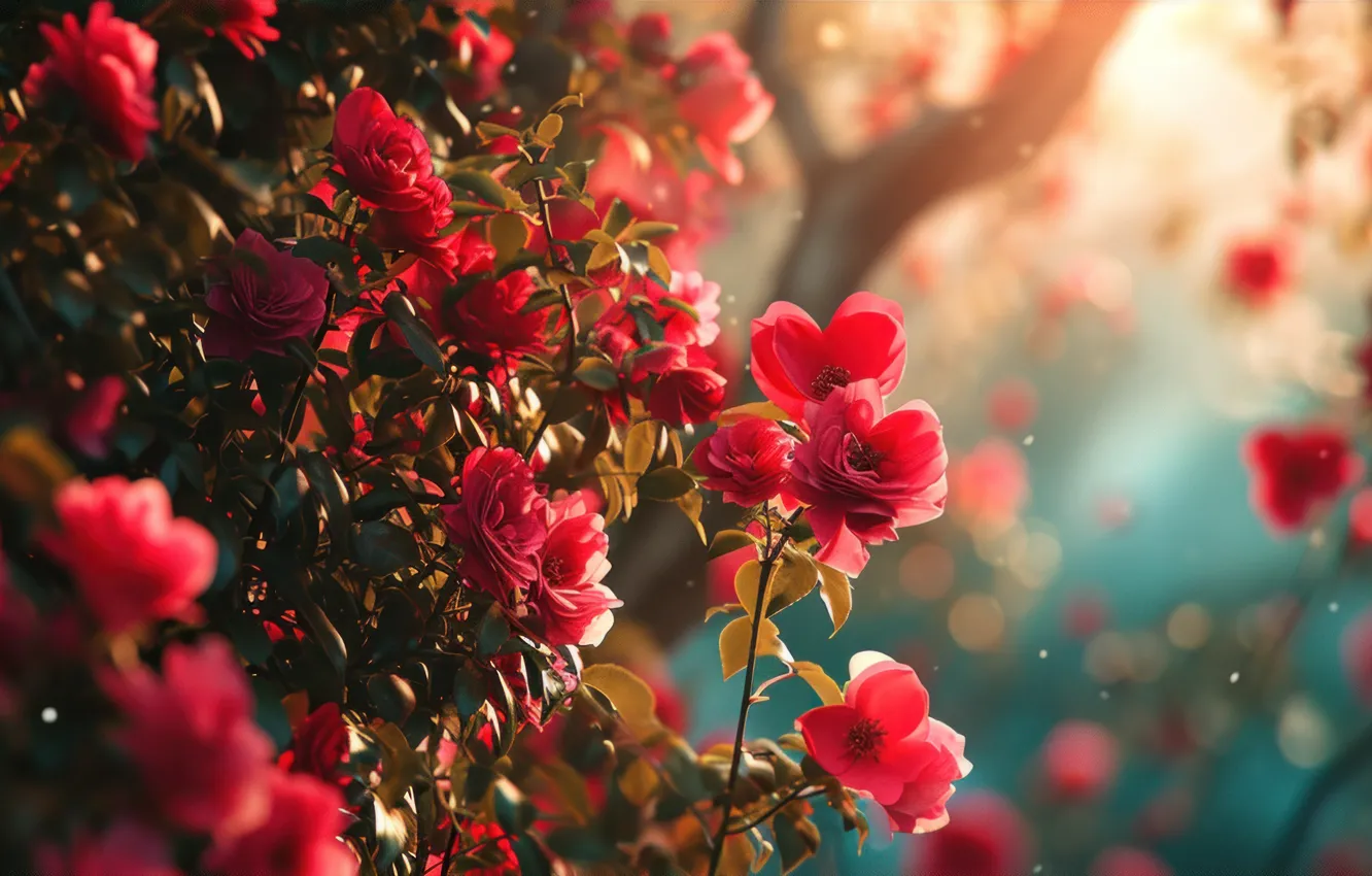 Photo wallpaper light, flowers, spring, garden, flowering, bokeh, Camellia, AI art