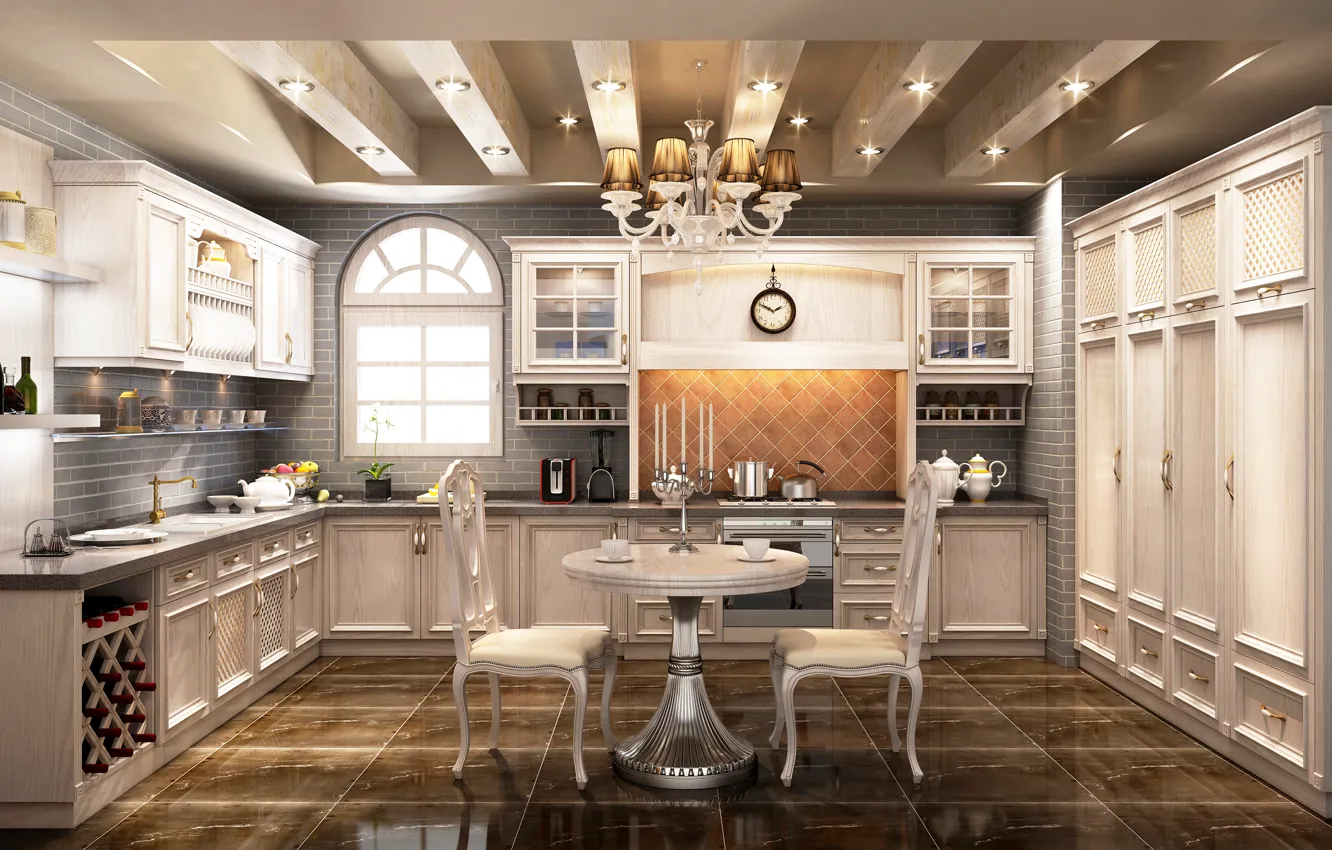 Photo wallpaper design, table, furniture, watch, kitchen, chandelier, mansion, luxury