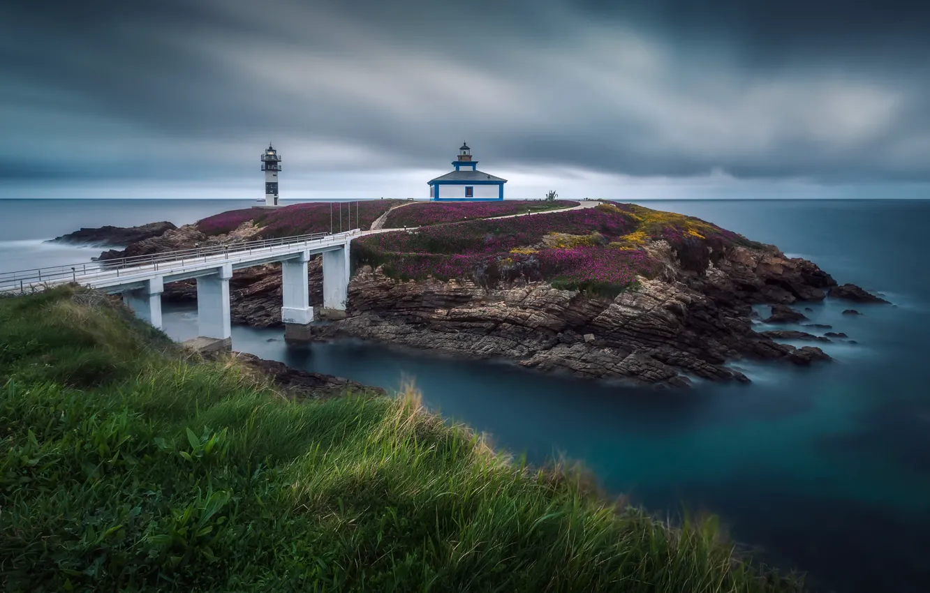 Photo wallpaper sea, lighthouse, Spain, Galicia, Isla Pancha