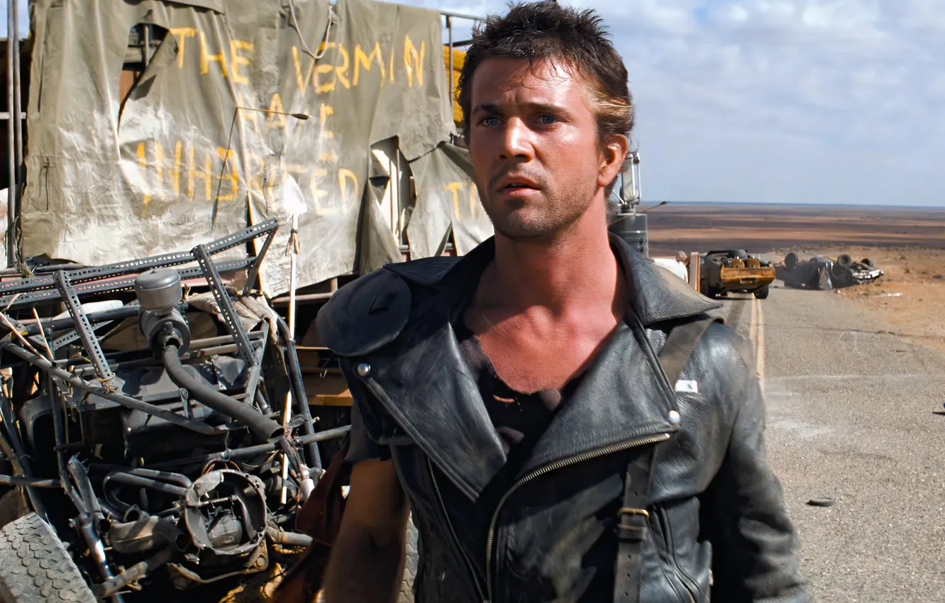Photo wallpaper car, road, actor, men, Mel Gibson, movies, leather jacket, Mad Max