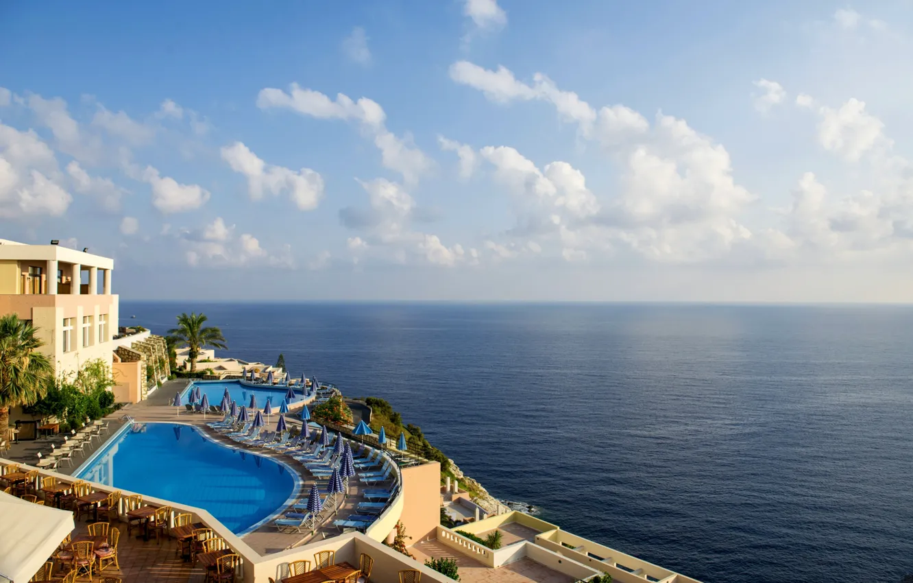 Photo wallpaper sea, Villa, view, pool, Greece, horizon, the hotel, resort