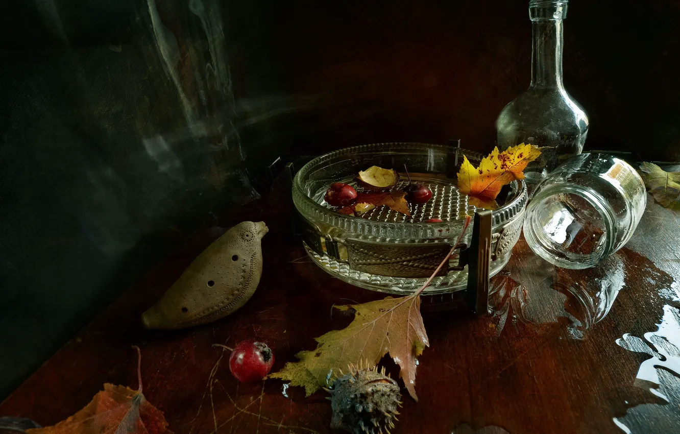 Photo wallpaper glass, dishes, still life, autumn leaves