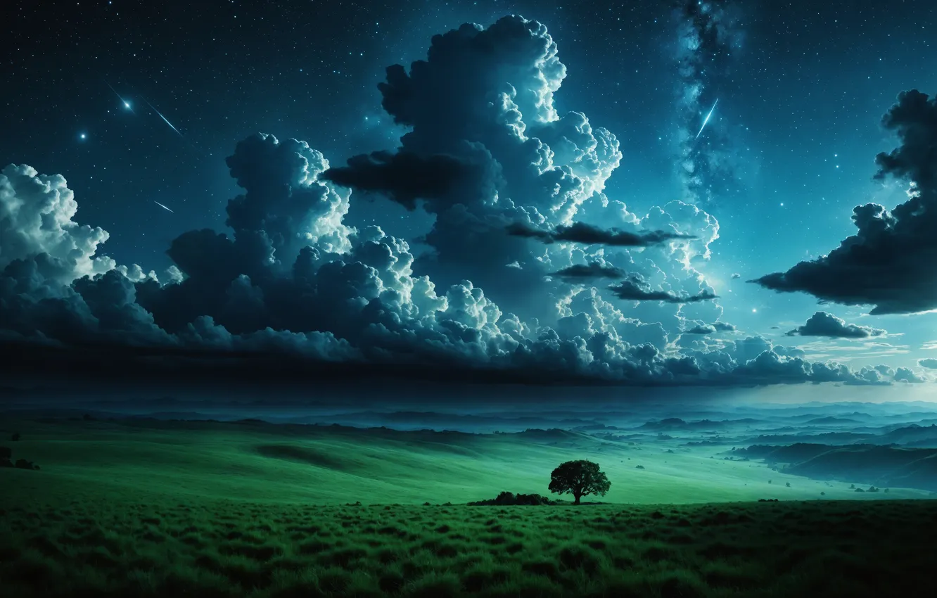 Photo wallpaper green, grass, sky, trees, landscape, blue, night, clouds