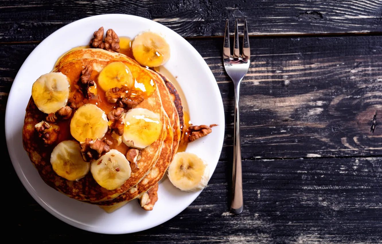 Photo wallpaper honey, bananas, nuts, pancakes, pancakes