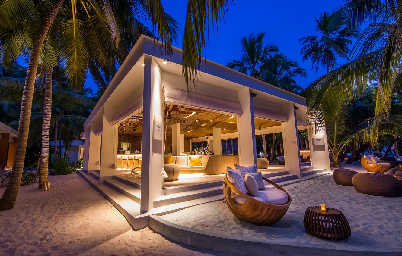 Photo wallpaper palm trees, resort, beach, Amilla Fushi Ramsay, the evening, bar, chair
