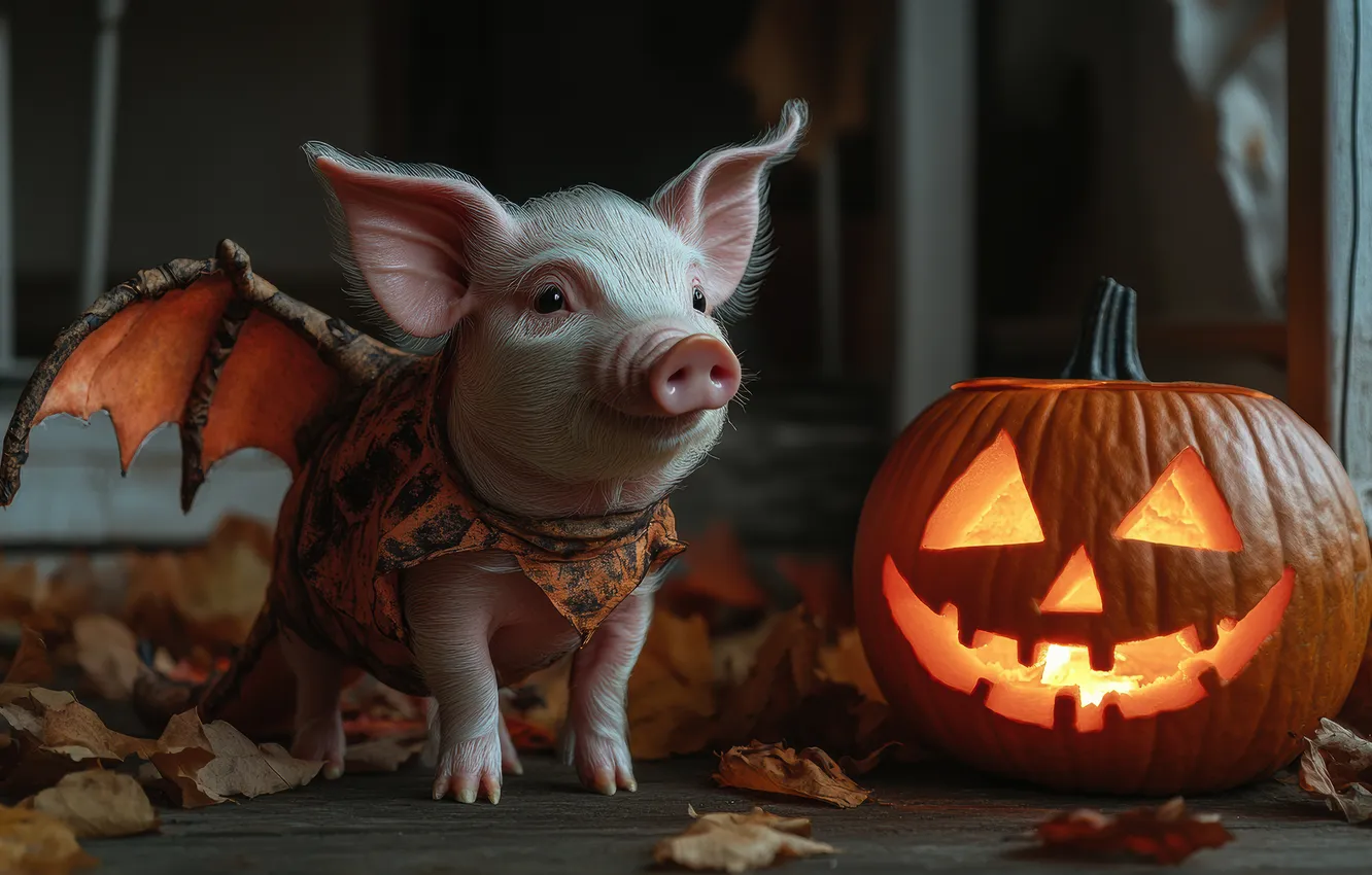 Photo wallpaper Halloween, pig, neural network, pig, look, holiday, AI art, autumn