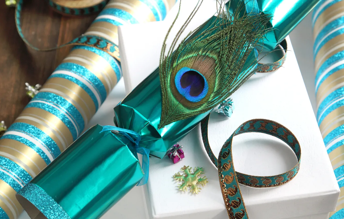 Photo wallpaper winter, holiday, box, gift, new year, feathers, Christmas, tape