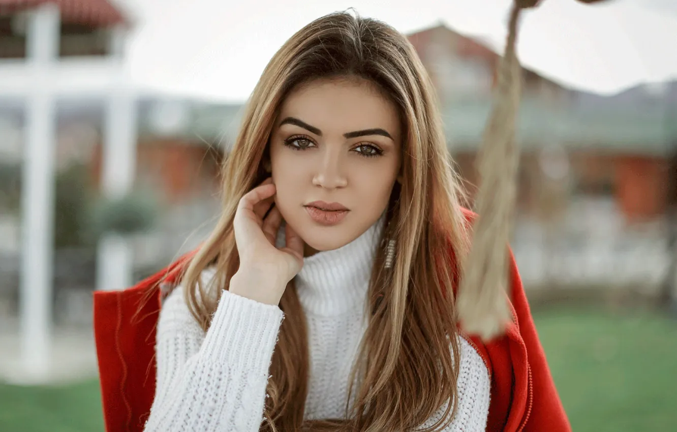 Photo wallpaper white, look, red, pose, background, model, portrait, makeup