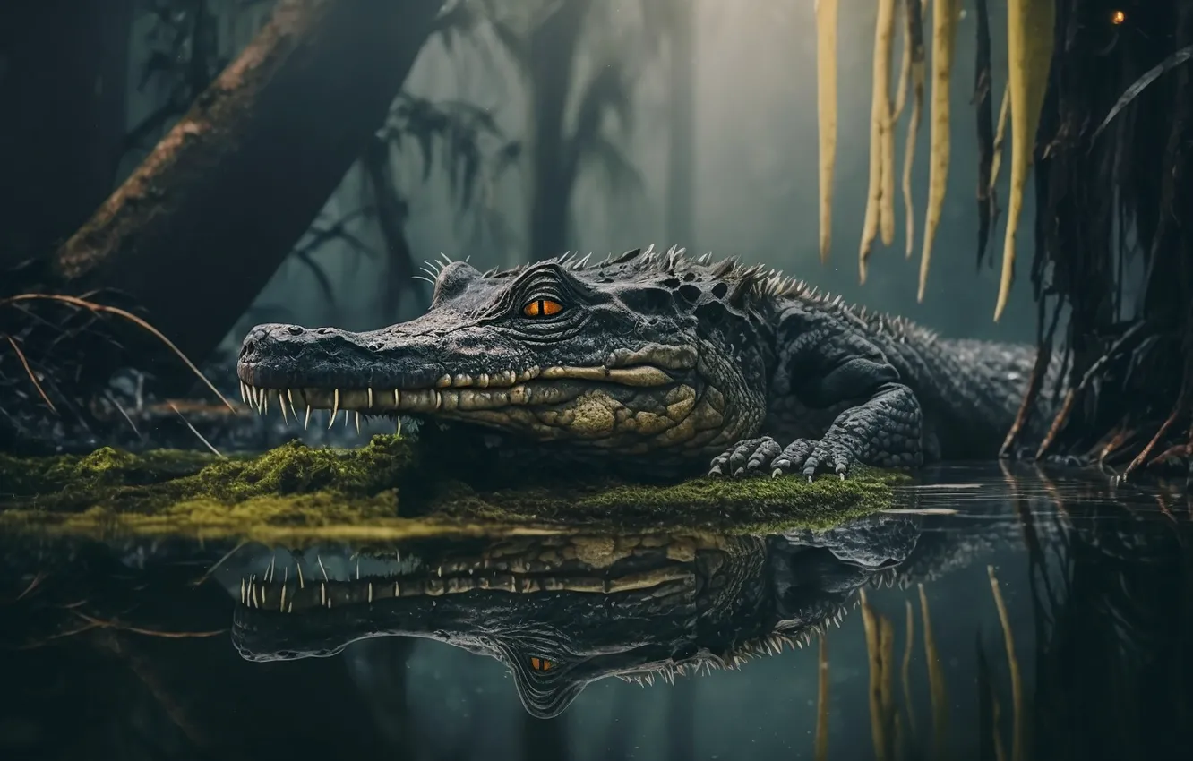 Photo wallpaper look, trees, fog, reflection, rendering, graphics, teeth, crocodile
