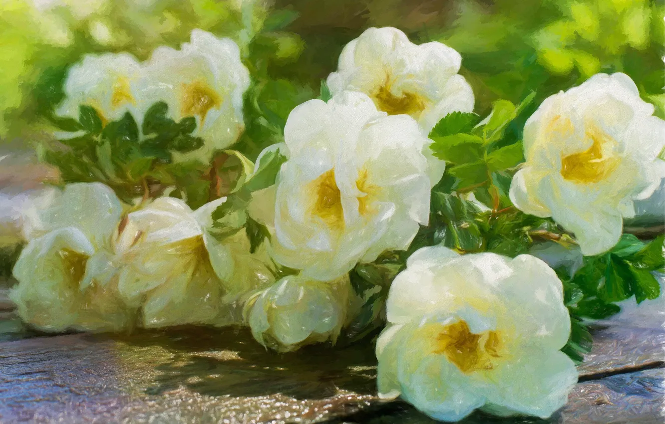 Photo wallpaper leaves, roses, white, painting